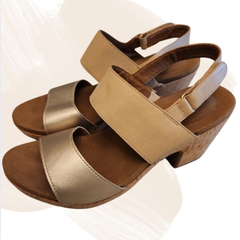 Rockport Vivianne Cork Wedge Sandals Nude‎ Tan Gold Size 8 Comfort EUC